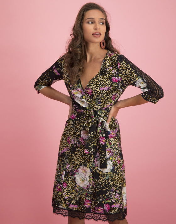 Staci Wrap Dress Leopard and Rose | Black