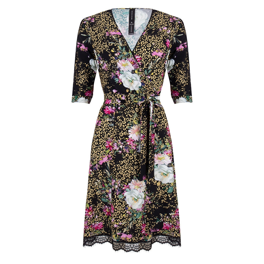 Staci Wrap Dress Leopard and Rose | Black